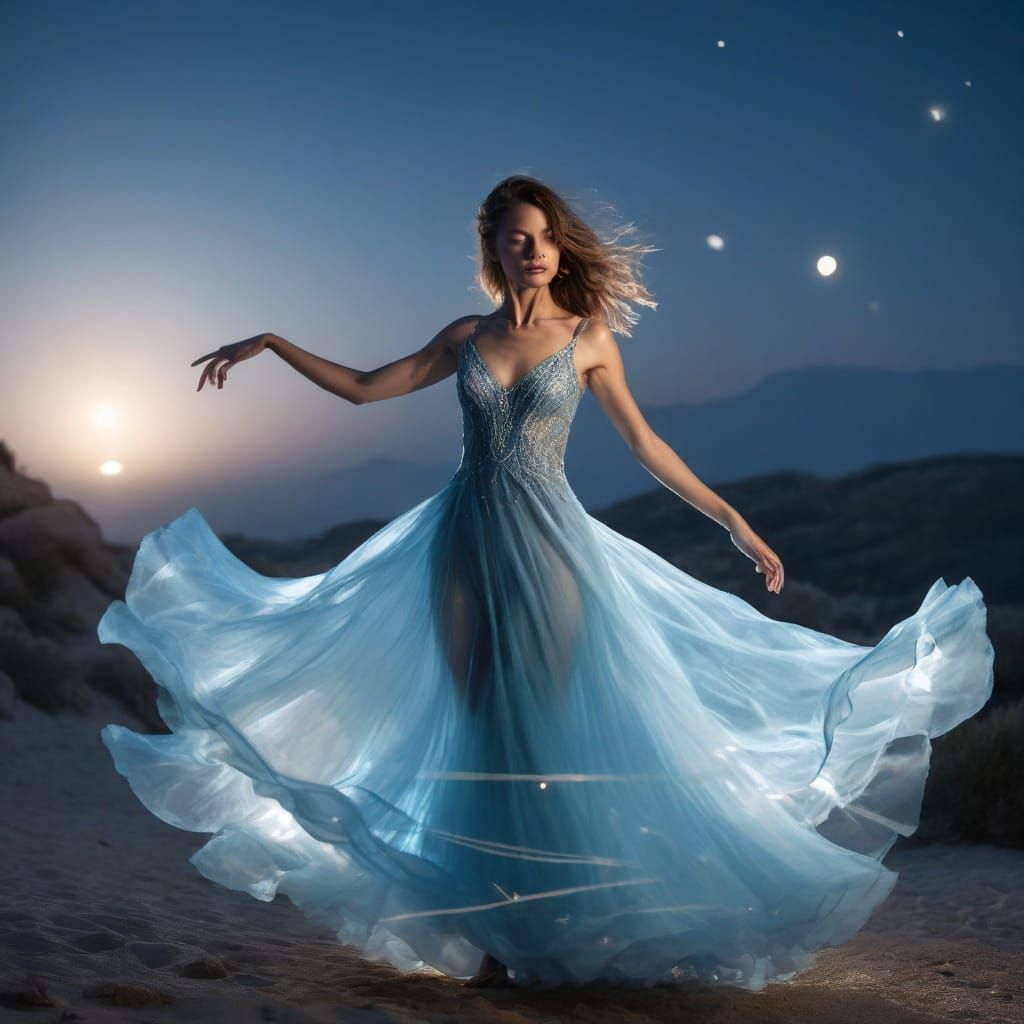 Ethereal Woman Dances Under Moonlit Skies in Soft Blue Gown