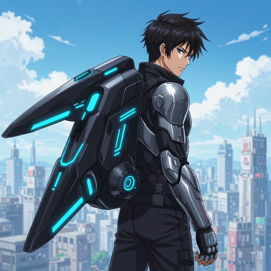 Anime Character with Mechanical Glider Backpack