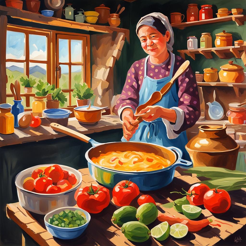 Babigiz in Rural Kitchen: A Gouache Masterpiece