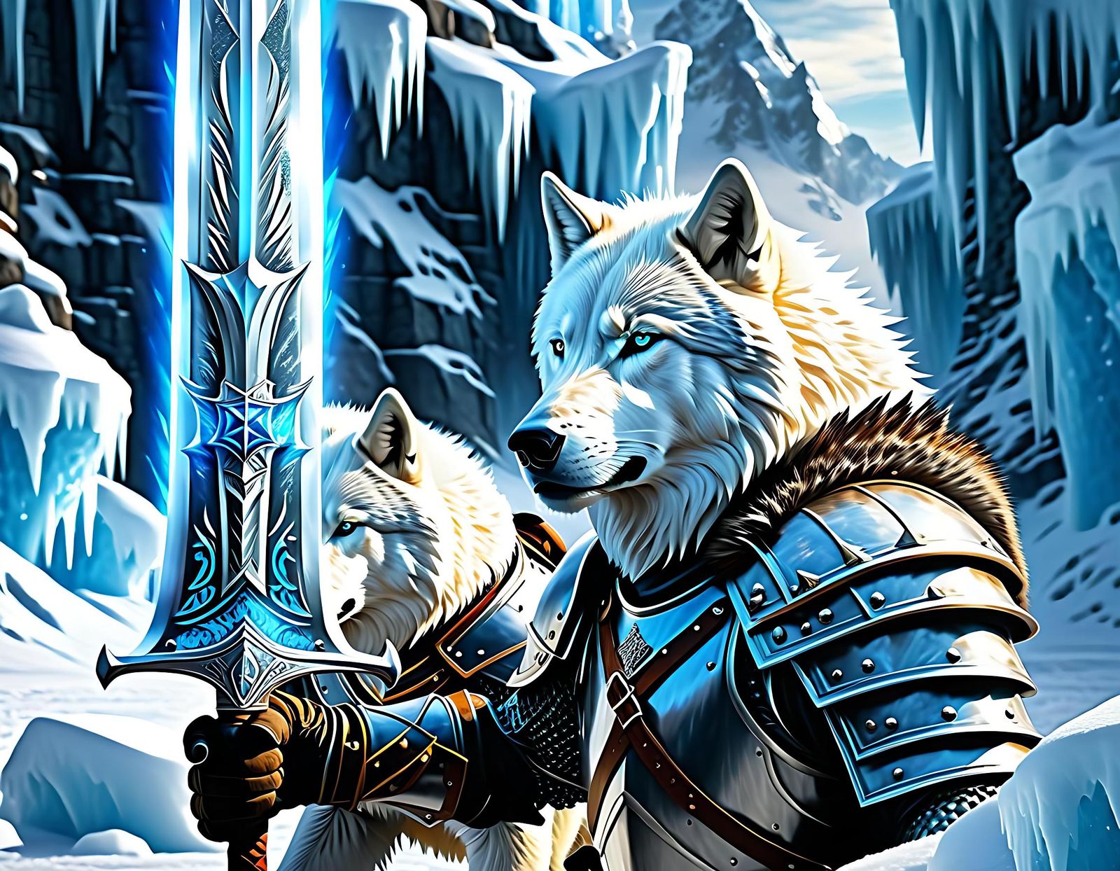 Icy Knight of the White Wolf in Hyperrealistic Style