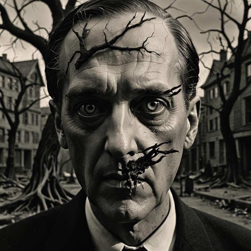 Lovecraft and Ominous Roommate in Surreal Horror Scene