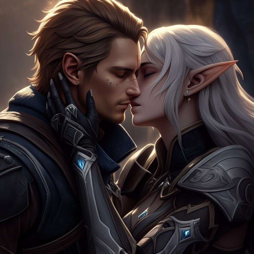 Cullen and Elf Inquisitor Kissing in 3D Anime Art