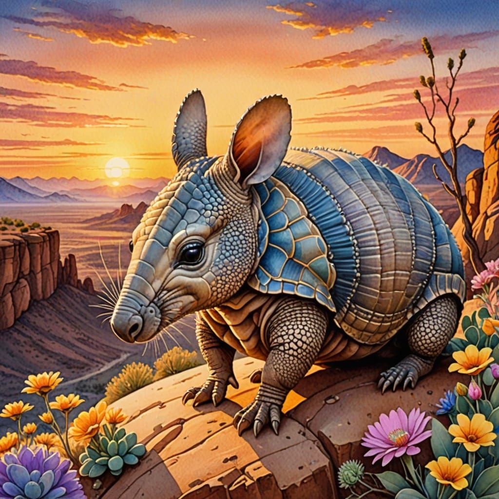 Hyperrealistic Armadillo Watches Desert Sunrise in Epic Wate...