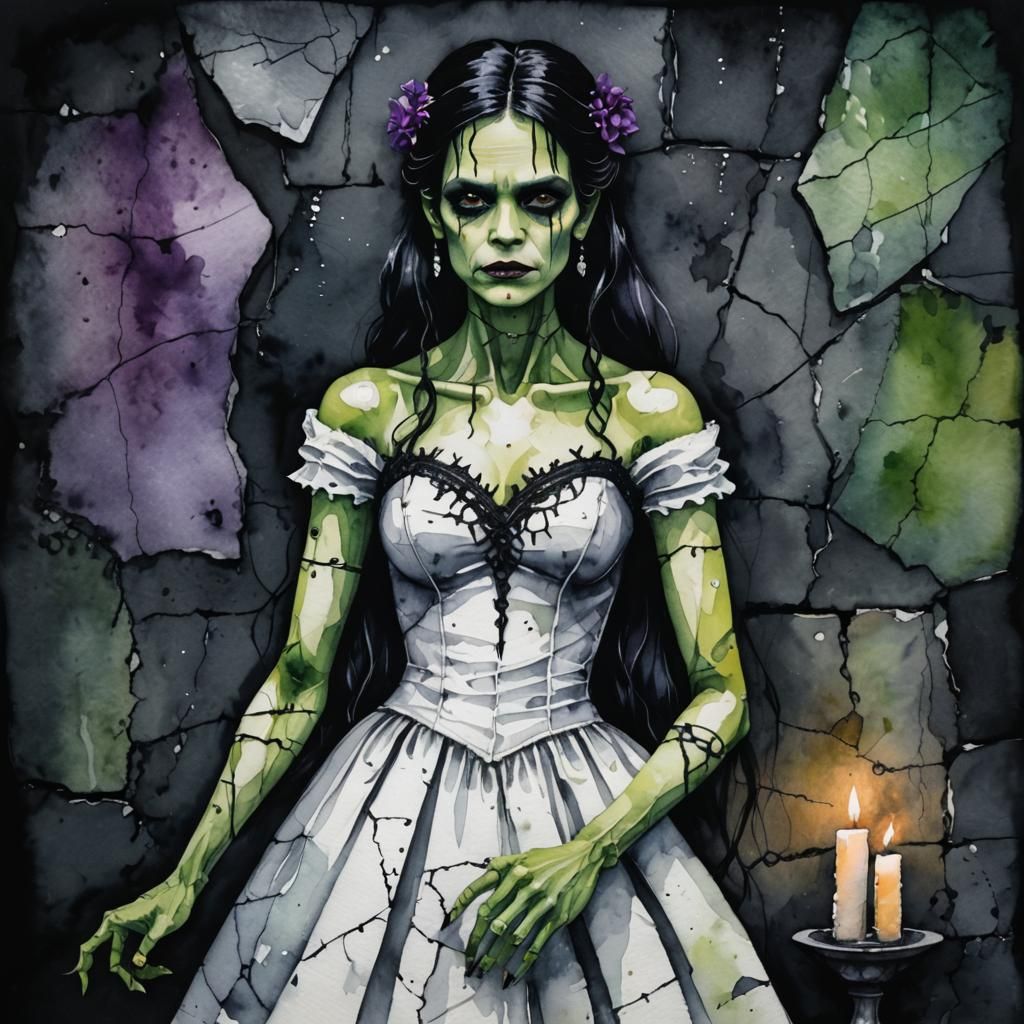 Watercolor Frankenstein's Bride with Candle