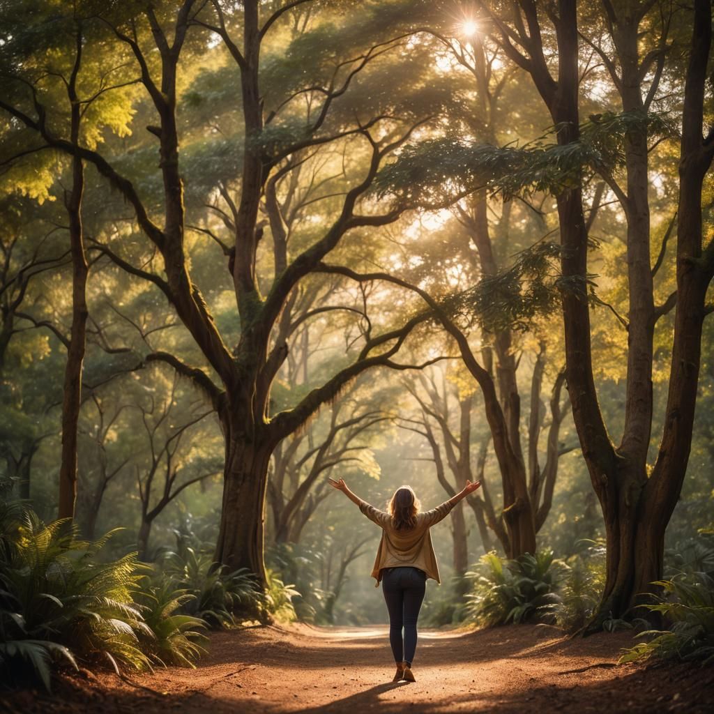 Woman in Forest with Golden Light and Path