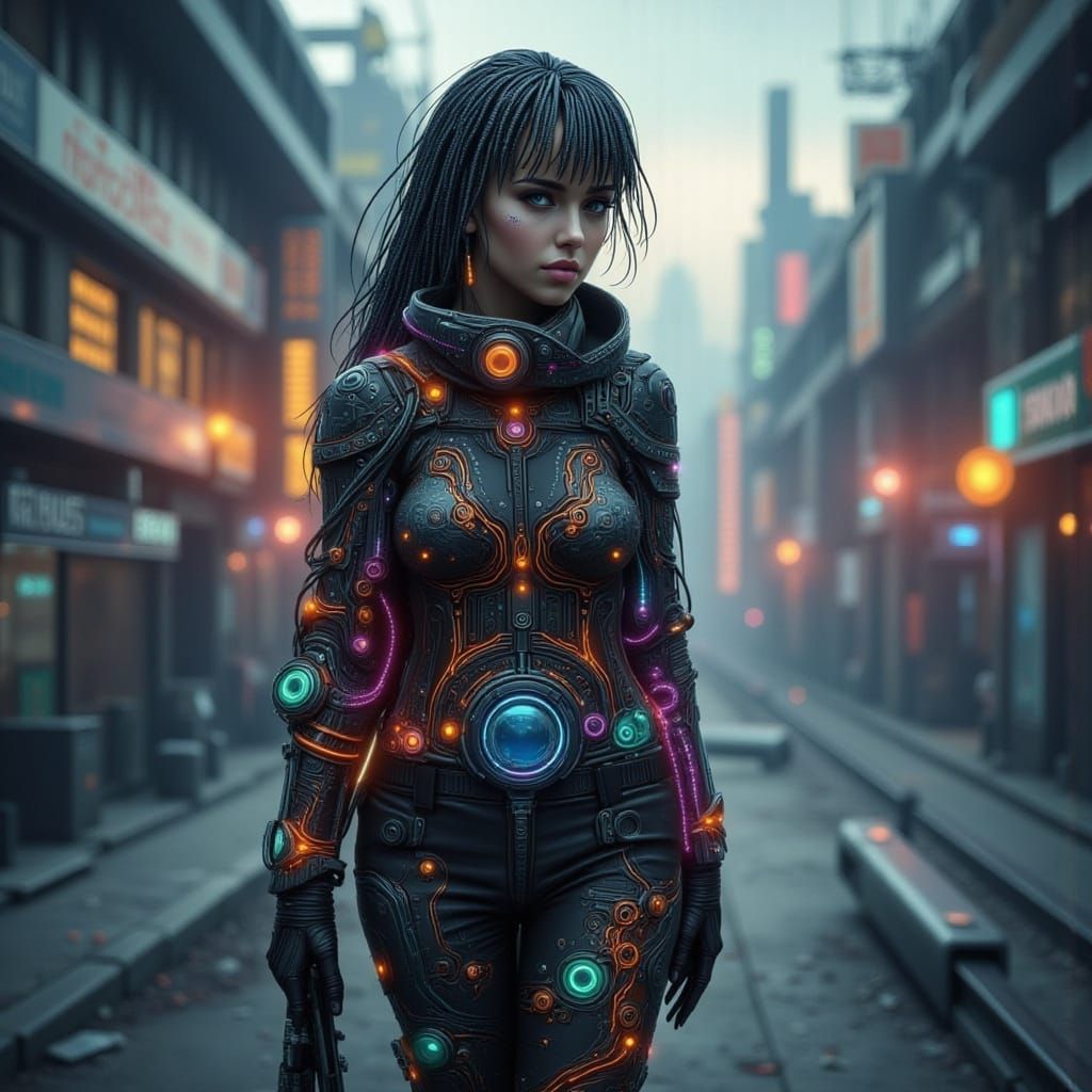 Cyberpunk Woman in Binary Code Dystopia