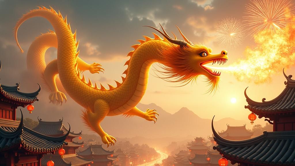 Golden Chinese Dragon Soaring over Village at Night
