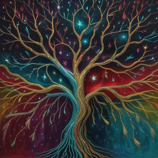 Cosmic Tree with Crystalline Leaves: Surreal Oil Painting