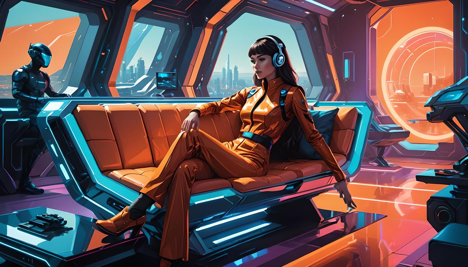 Cybernetic Woman Relaxing in Futuristic Living Room