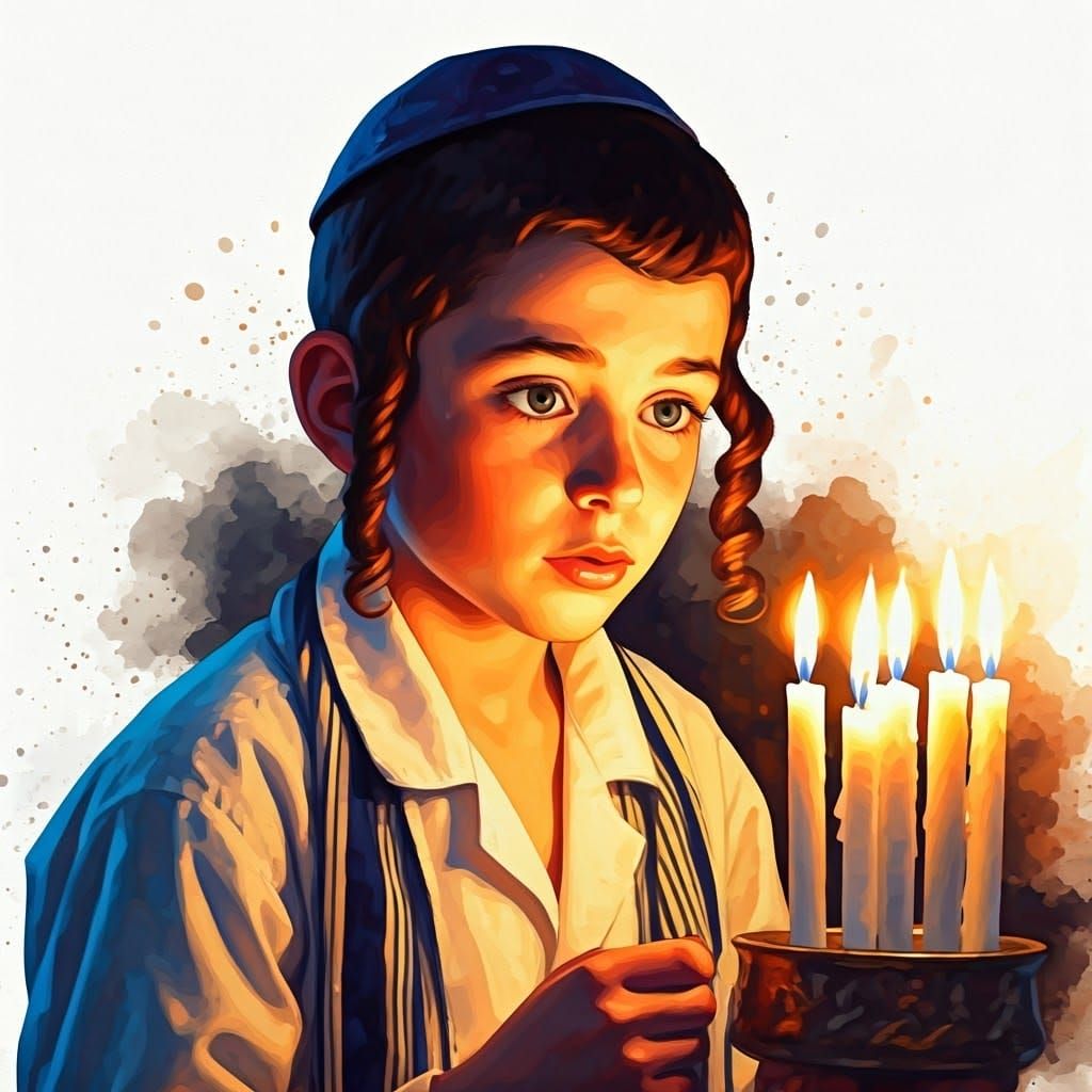 Orthodox Boy Lighting Hanukkah Candles in Watercolor