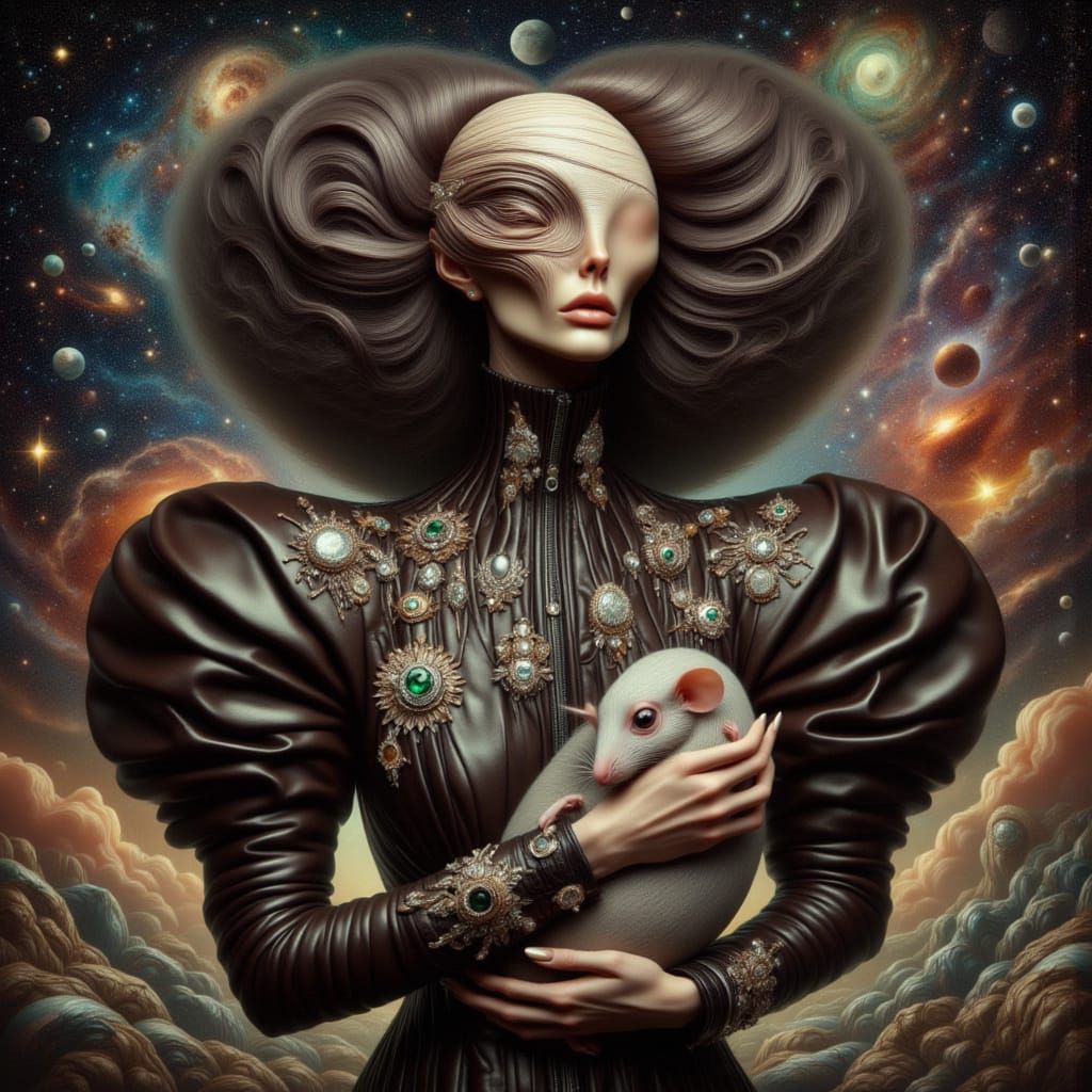 Surreal Woman with Elongated Neck in Cosmic Landscape