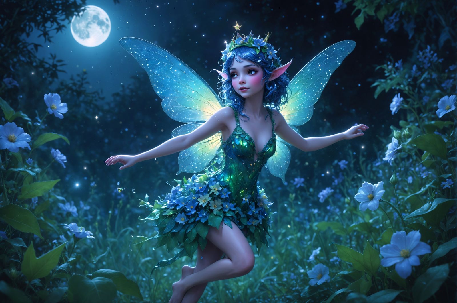 Pixie with Iridescent Wings in Moonlit Garden