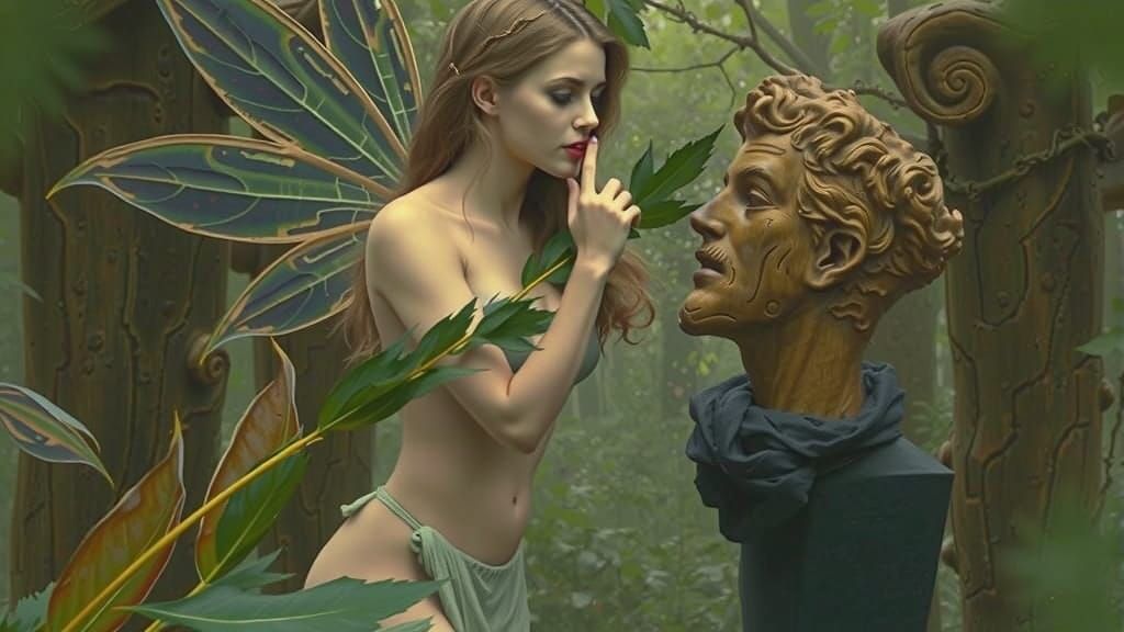 Blond Fairy Woman Touches Adonis Statue in Forest