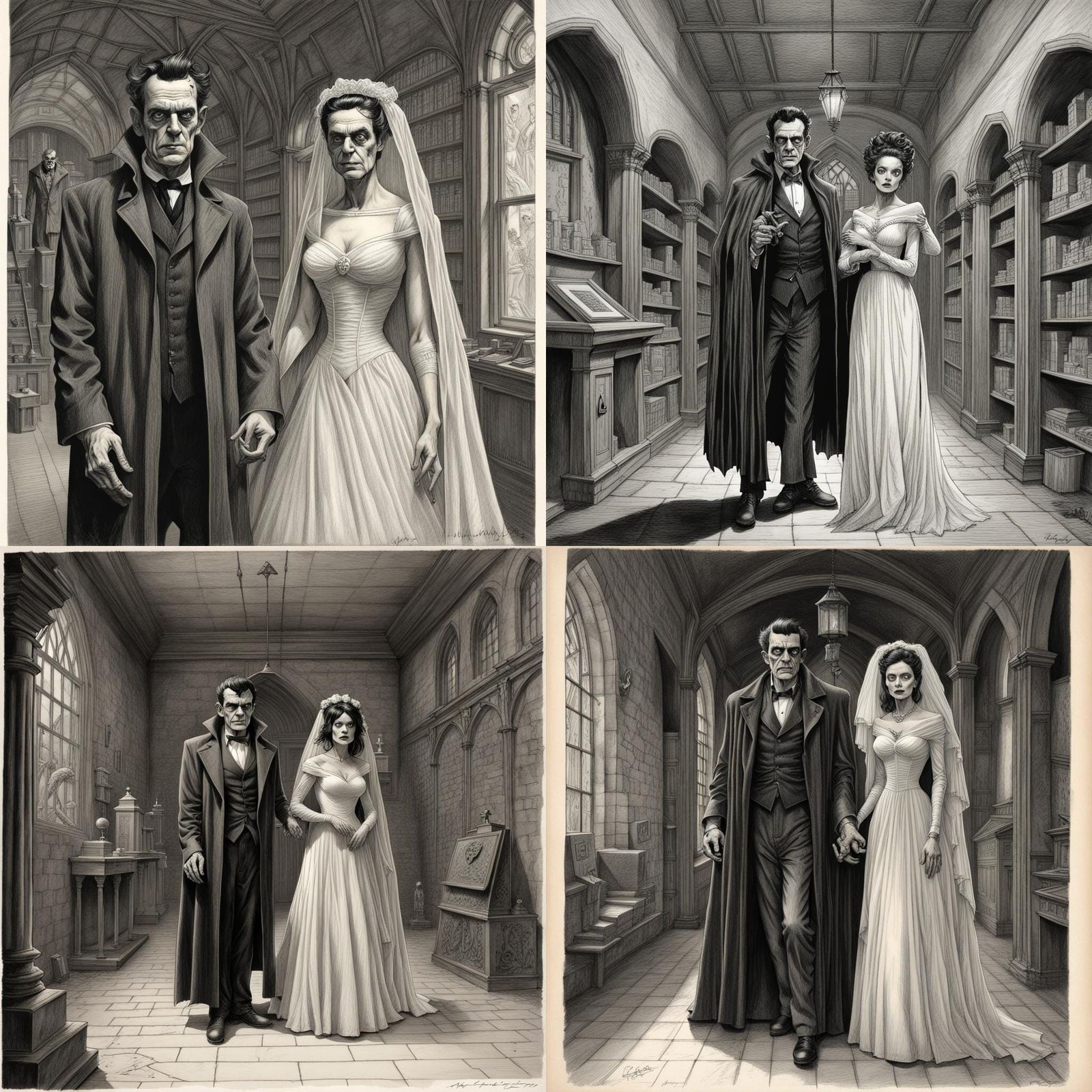 Frankenstein and Bride in Gothic Laboratory, Pencil Art