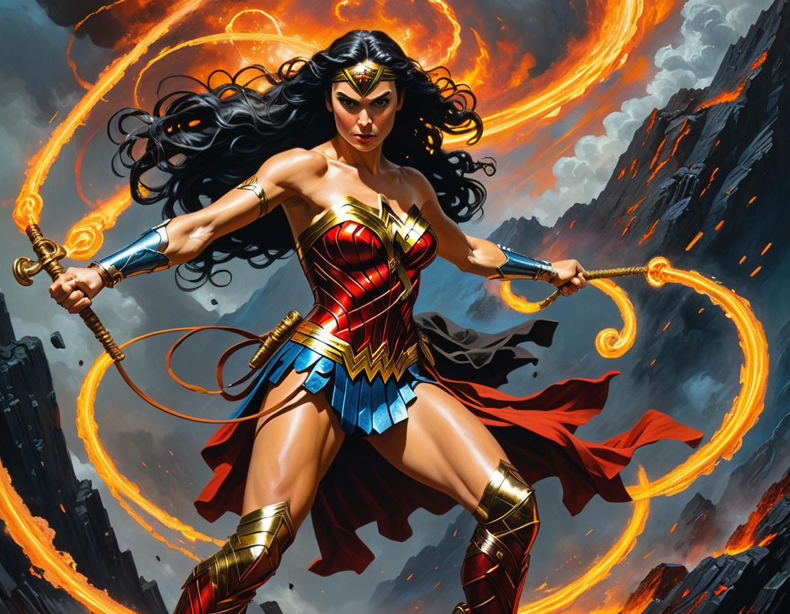 Wonder Woman Unleashes Whip in Oil Painting