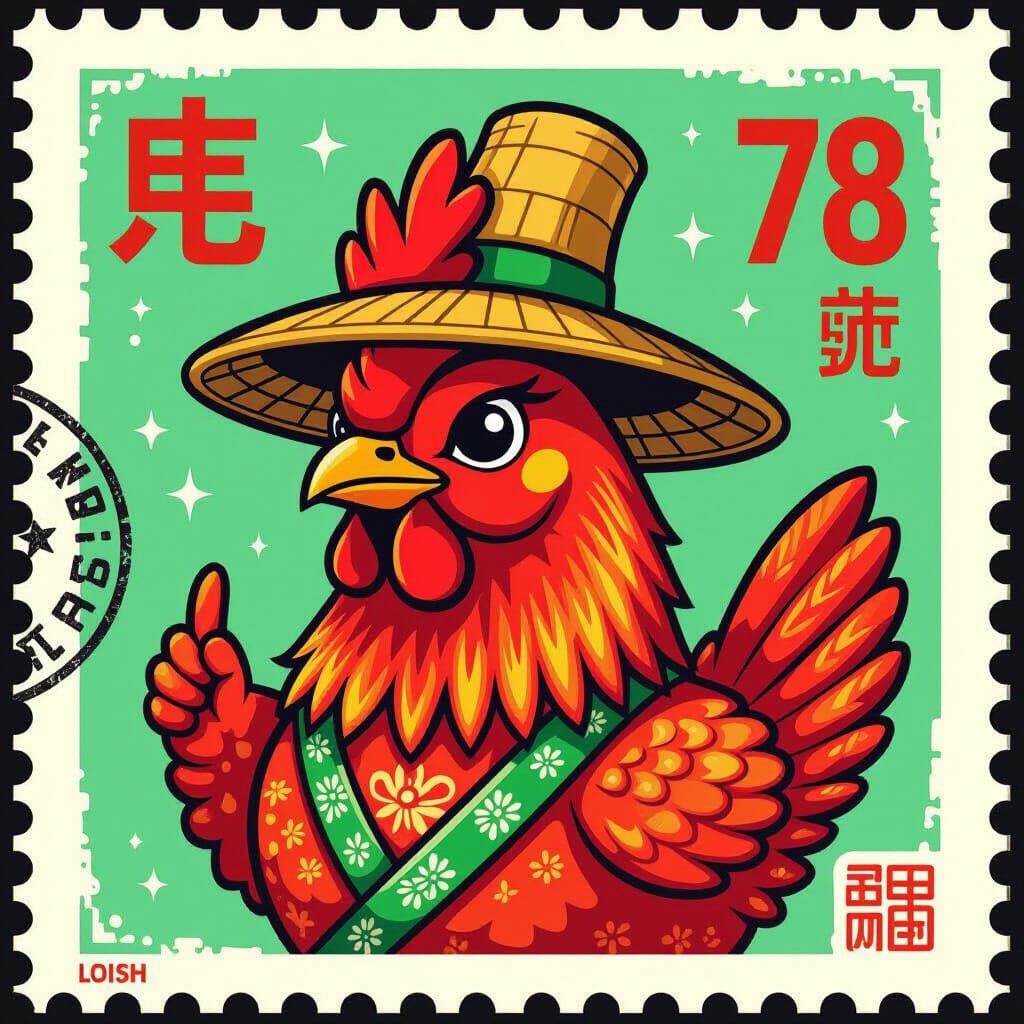 Sriracha Chicken Character on Chinese Stamp, Illustrative St...