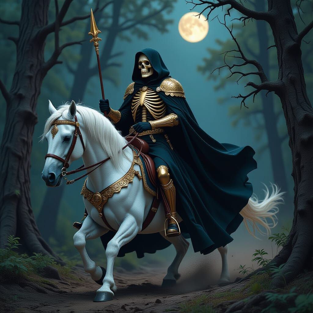 Golden Skeleton Rider on White Lion Through Dark Forest