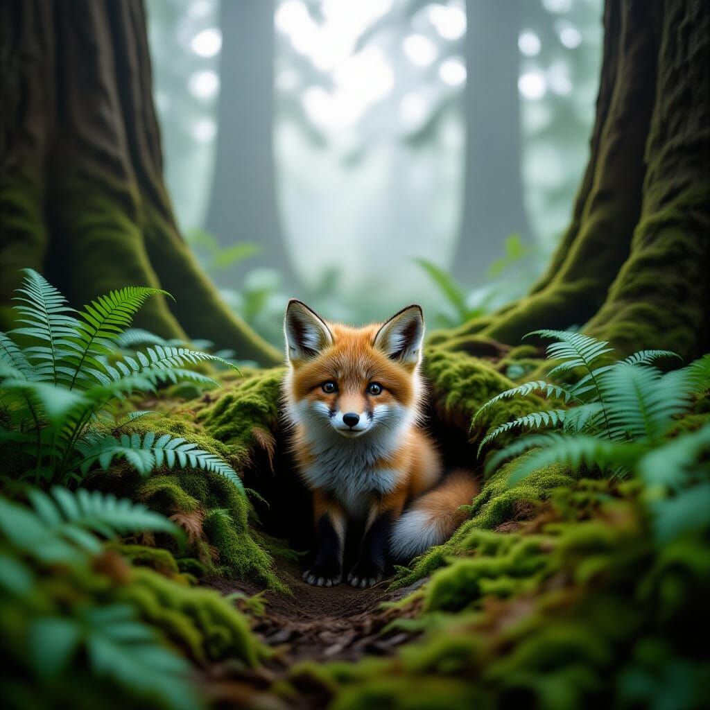Fluffy Baby Fox in Foggy Forest, Photorealistic Style