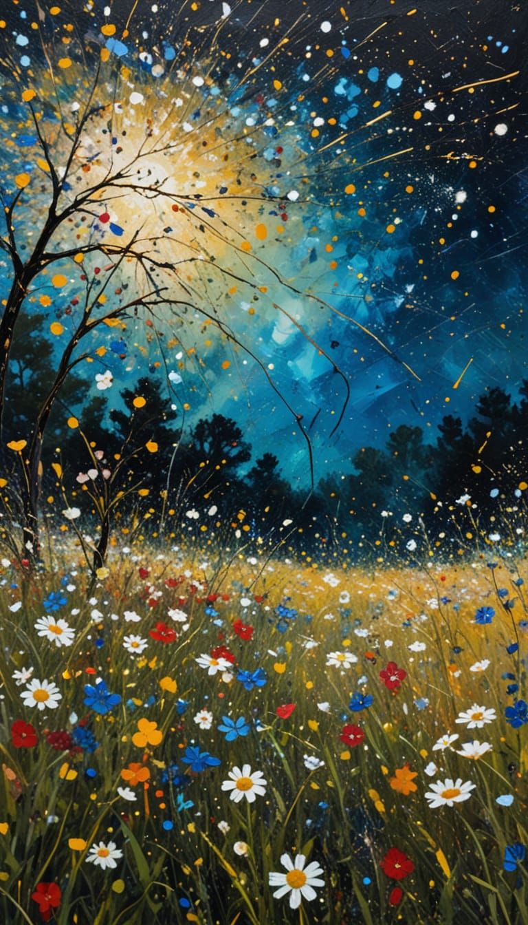 Ethereal Wildflower Blooms Under Starry Night