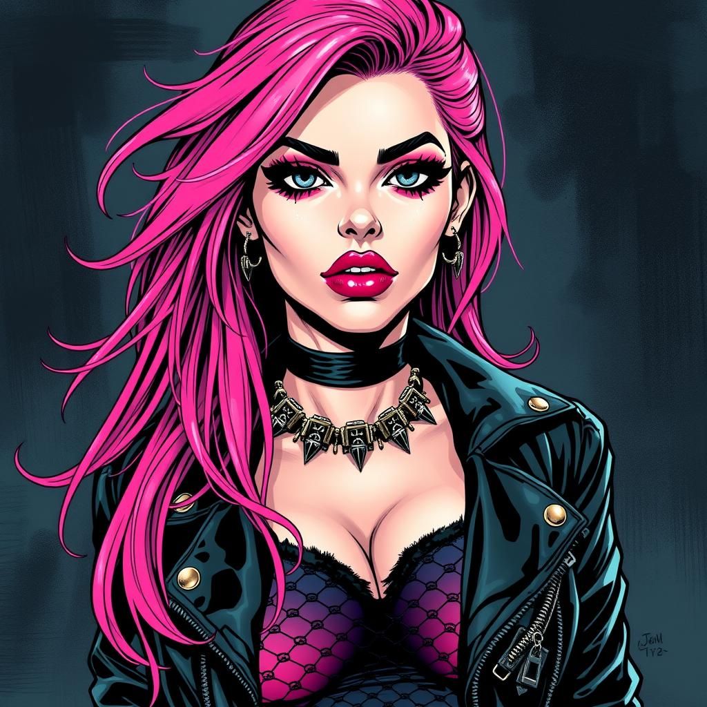Punk Woman with Pink Hair, Comic Book Style