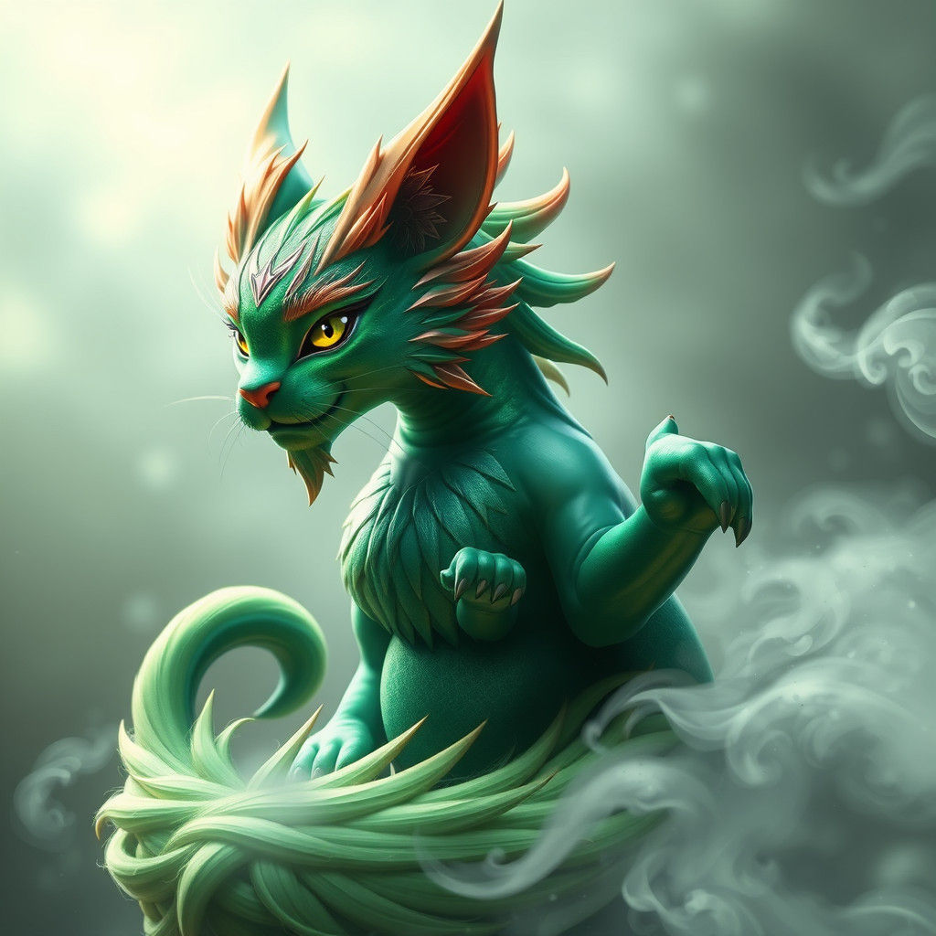 Green Iridescent Feline in Anime and 3D Art Style