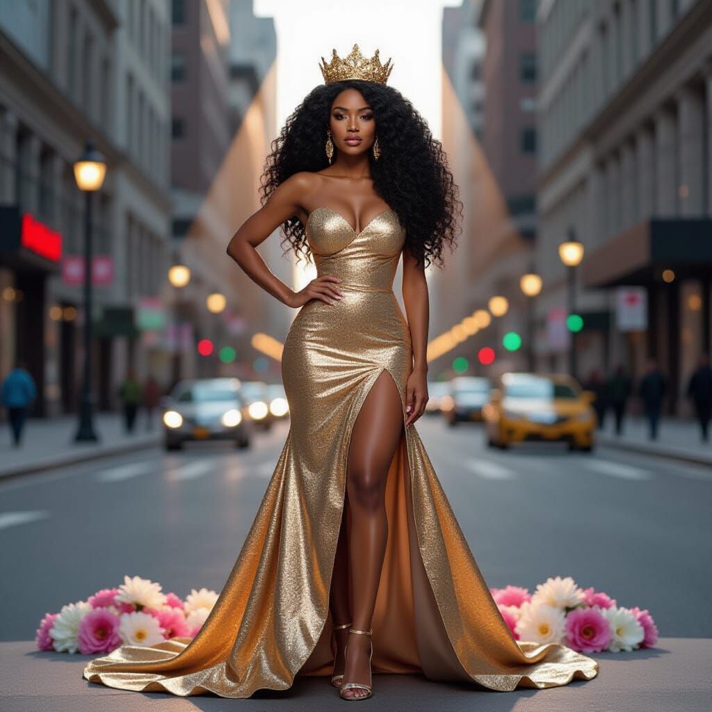 African American Woman in Gold Gown with Crown