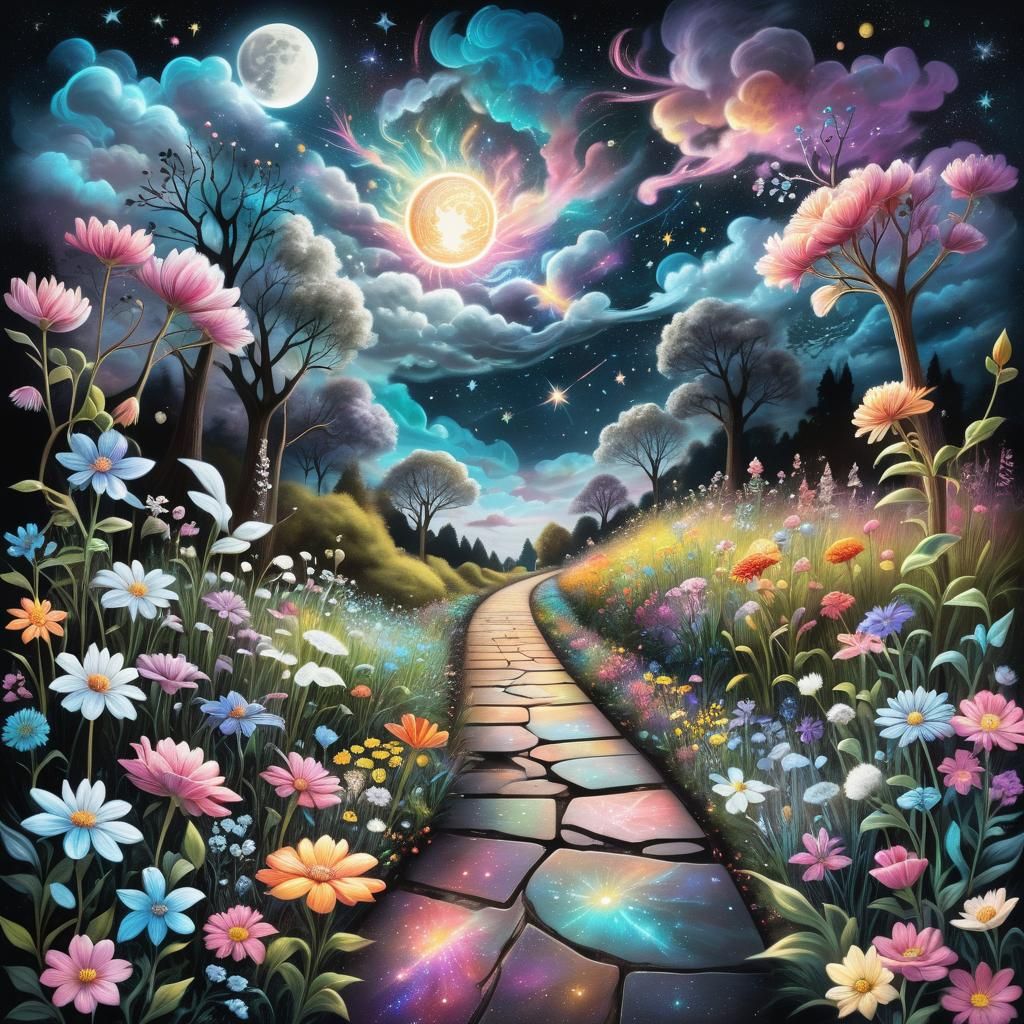 Vibrant Chalk Art of Floral Designs in Ethereal Sky