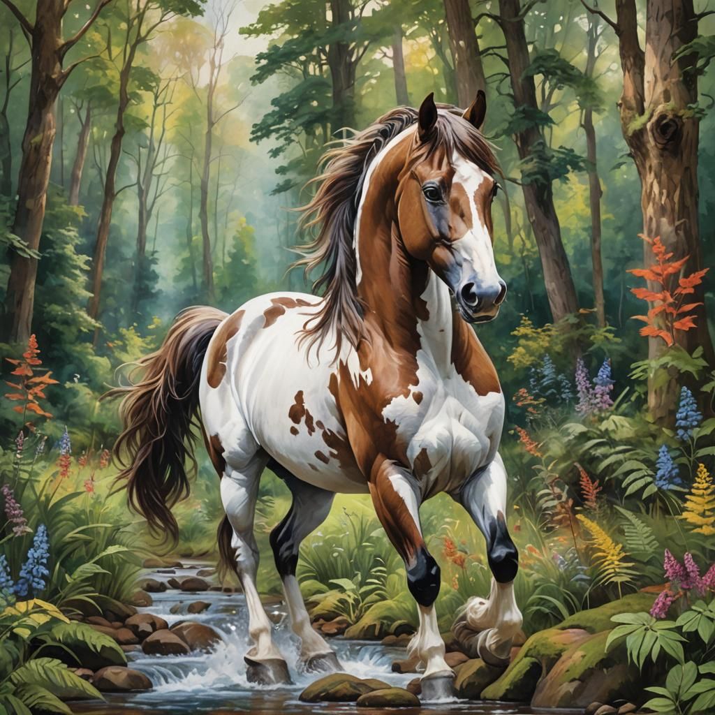 Paint Horse Rearing in Forest Landscape