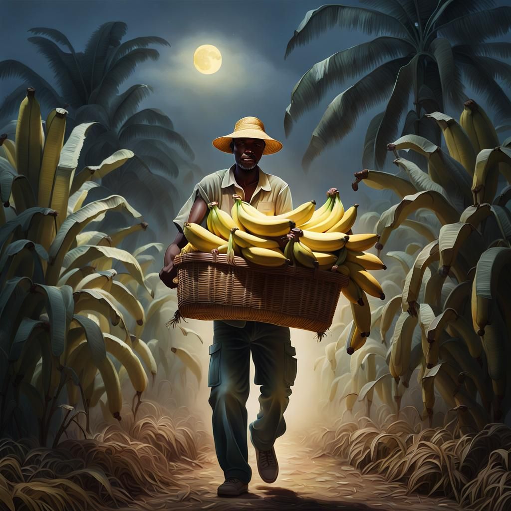 Jamaican Banana Harvester in Golden Moonlight: Hyper-Realism