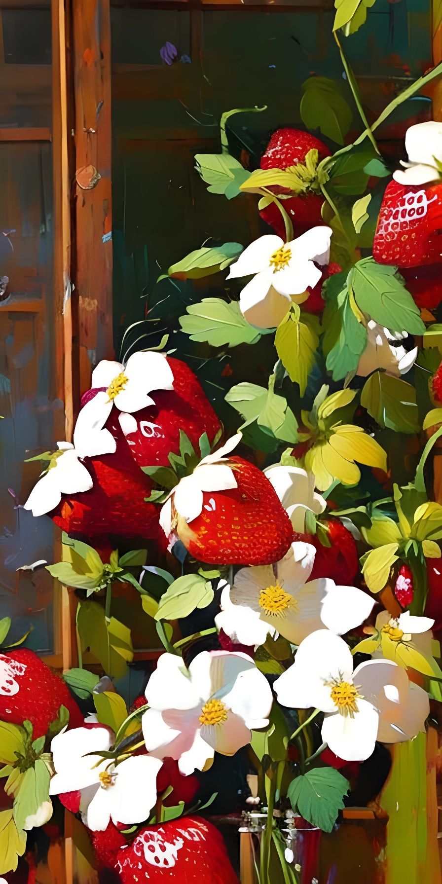 Strawberries and Flowers on Glass, Detailed Digital Art
