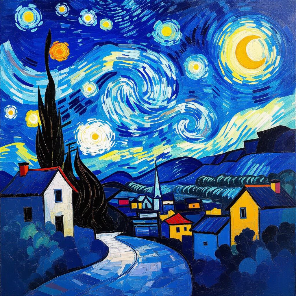 Dreamy Starry Night Village with Swirling Clouds