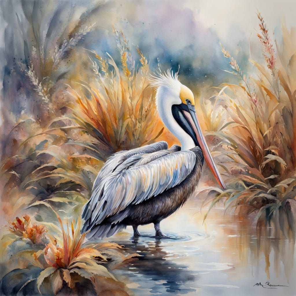 Pelican in Shallow Water, Hyperdetailed Fantasy Watercolour