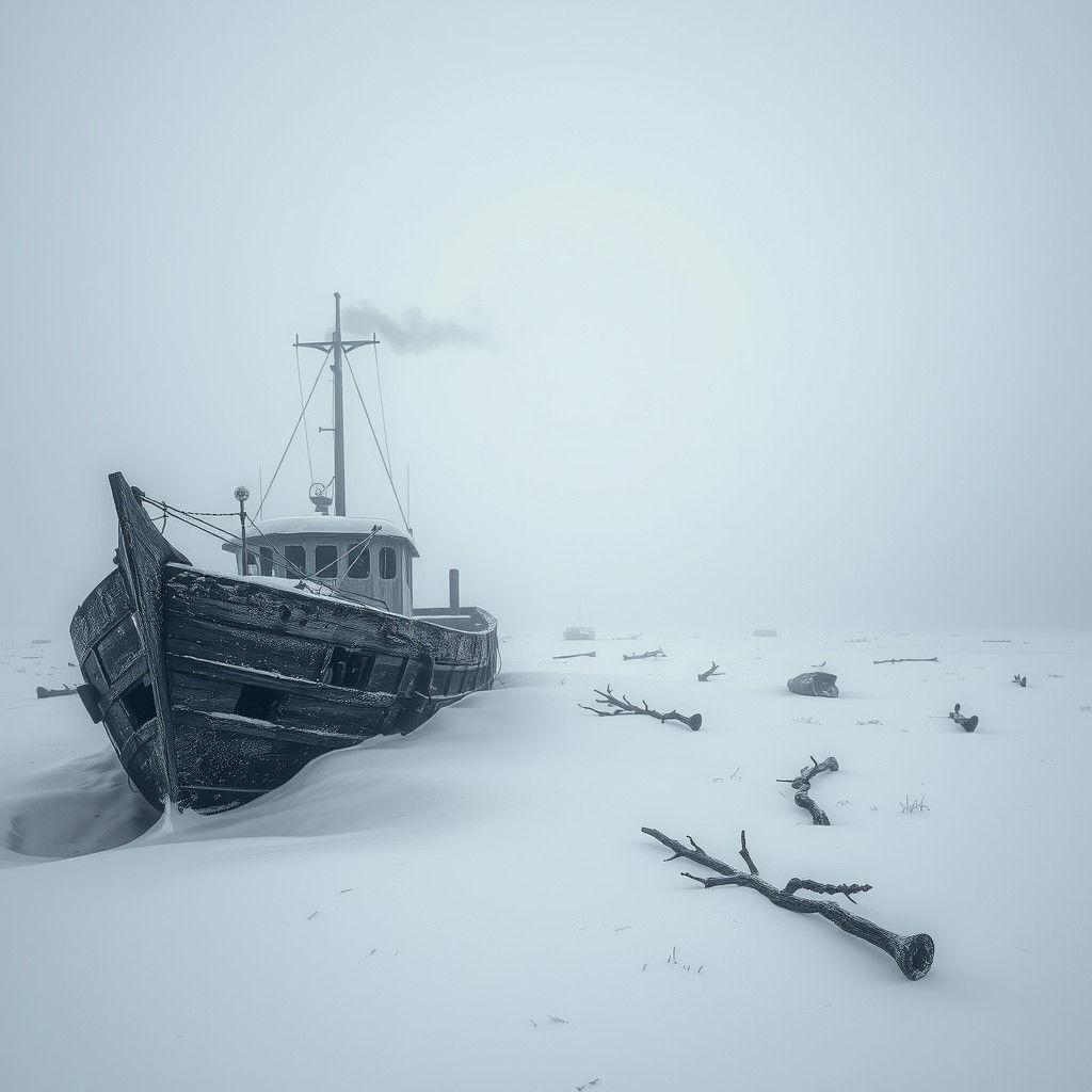 Ghostly Shipwrecks on Frozen Tundra in Haunting Light