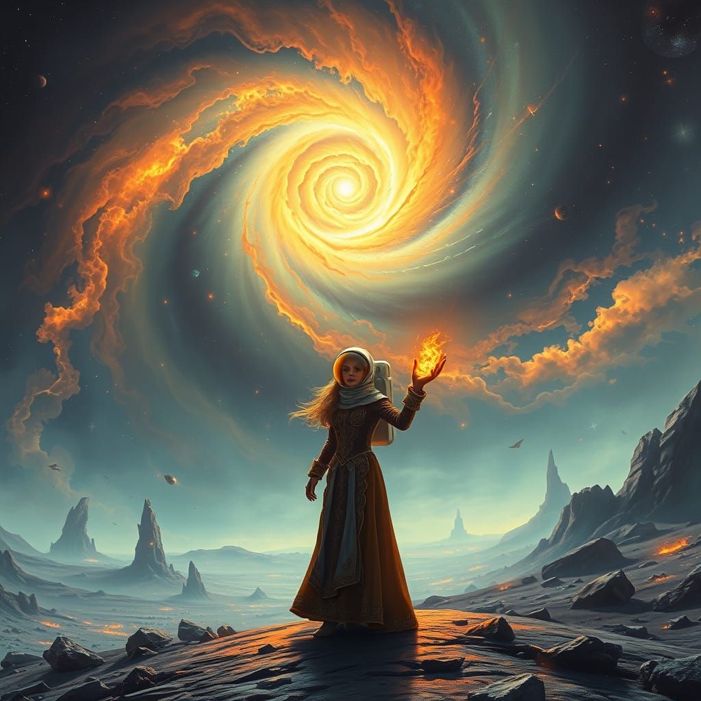 Astronaut on Alien Planet Gazing at Nebula