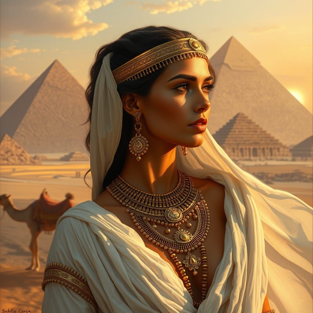 Egyptian Goddess in Golden Splendor Amidst Ancient Pyramids