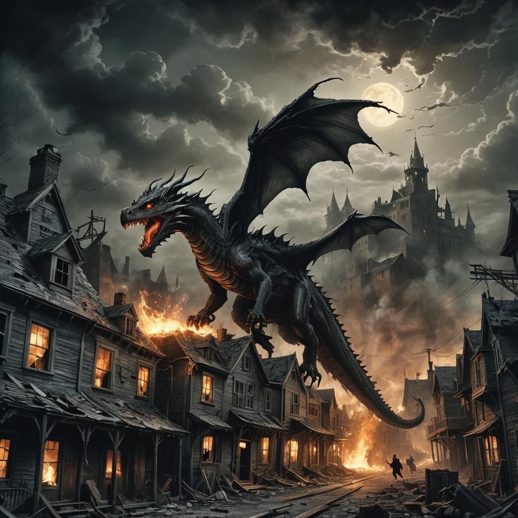 Dragon in Ghost Town: Dark Fantasy Illustration