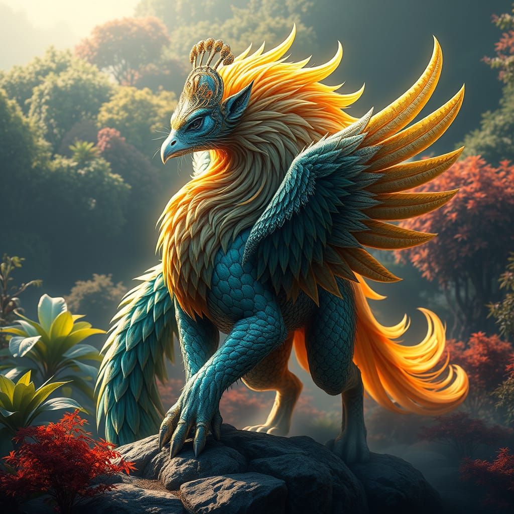 Regal Griffin with Iridescent Feathers and Golden Mane
