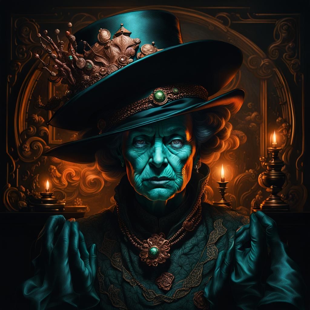 Eerie Queen with Copper Hat in Dark Portrait
