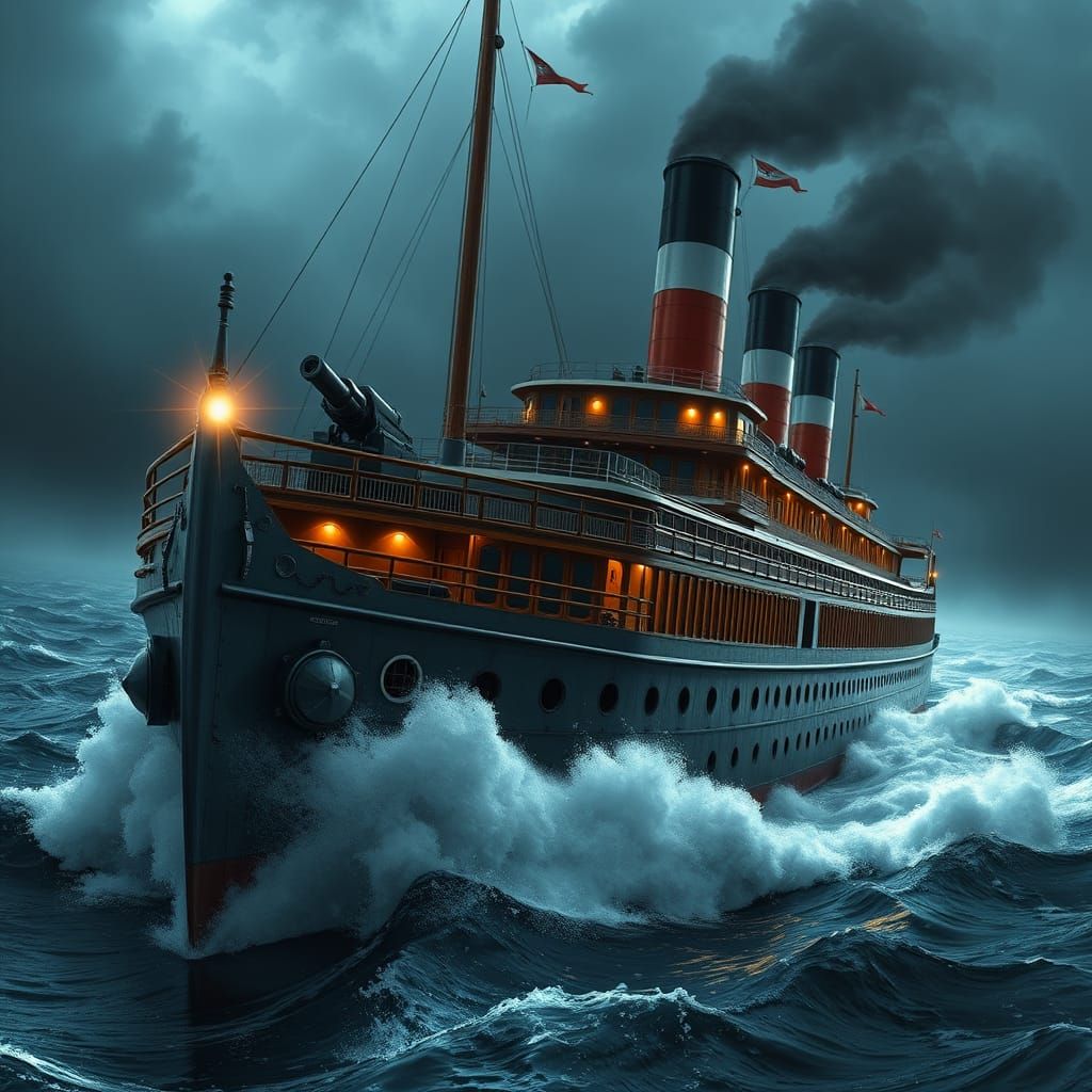 Industrial-Era Paddle Steamer Battleship in Turbulent Seas