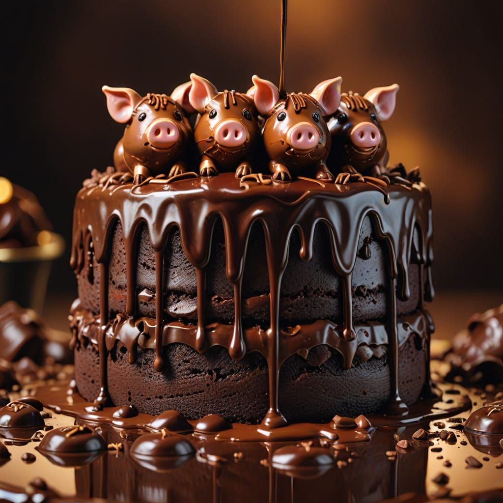 Delicious Chocolate Cake with Chocolate Pigs: Oil Painting