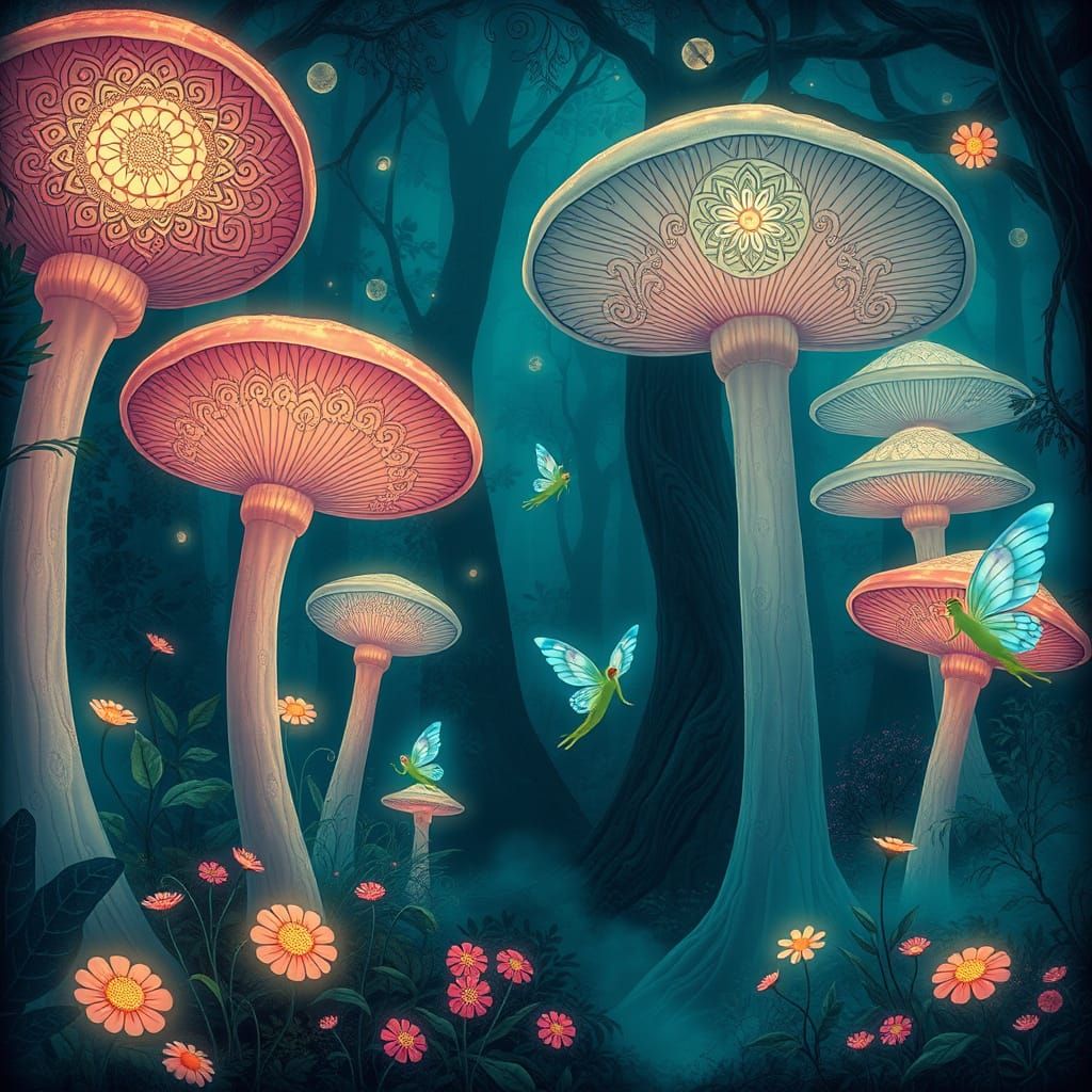 Luminescent Mushroom Forest with Dancing Fairies in Art Nouv...