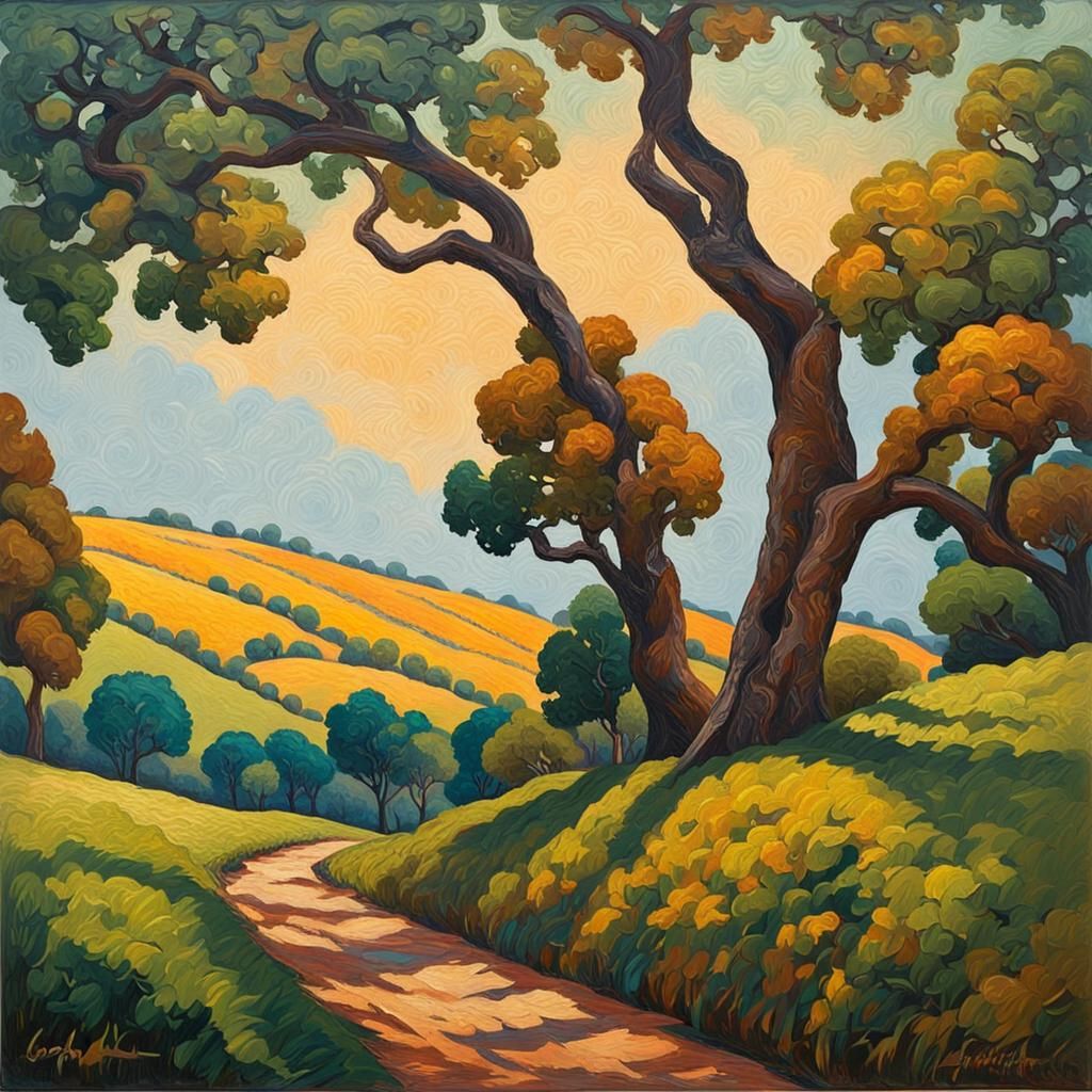 Oak Trees on Hill in Neo-Impressionist Style