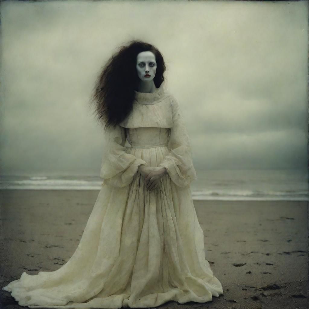 Surreal Pierrot on Frozen Beach: An Oil Painting