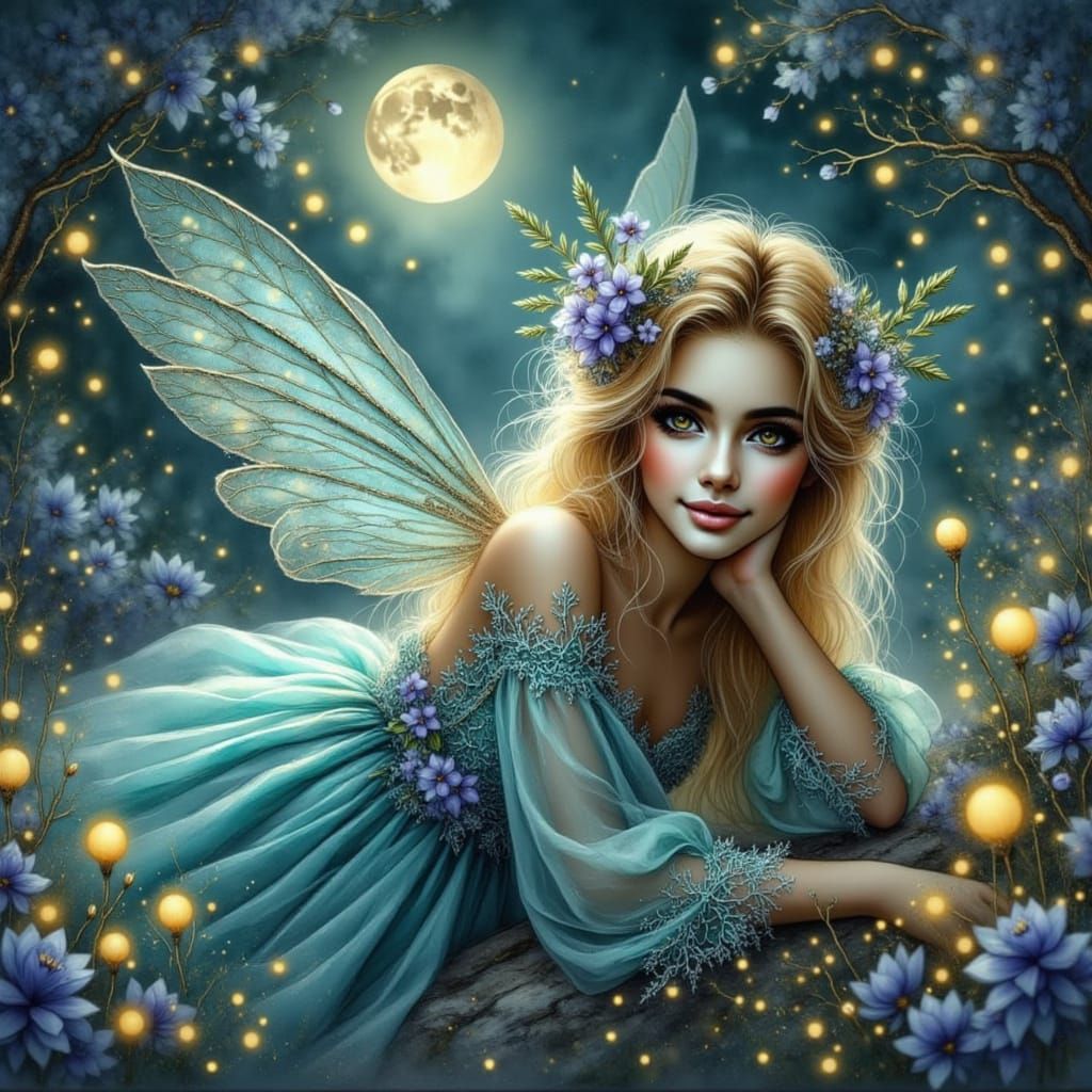 Little fairy with a mischievous and smile, Long medium blond...