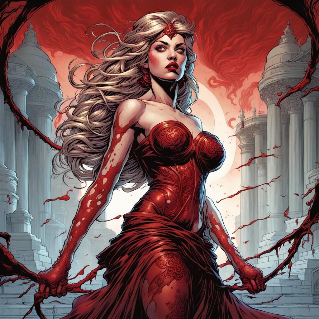 Striking Blood Goddess in Comic Book Style