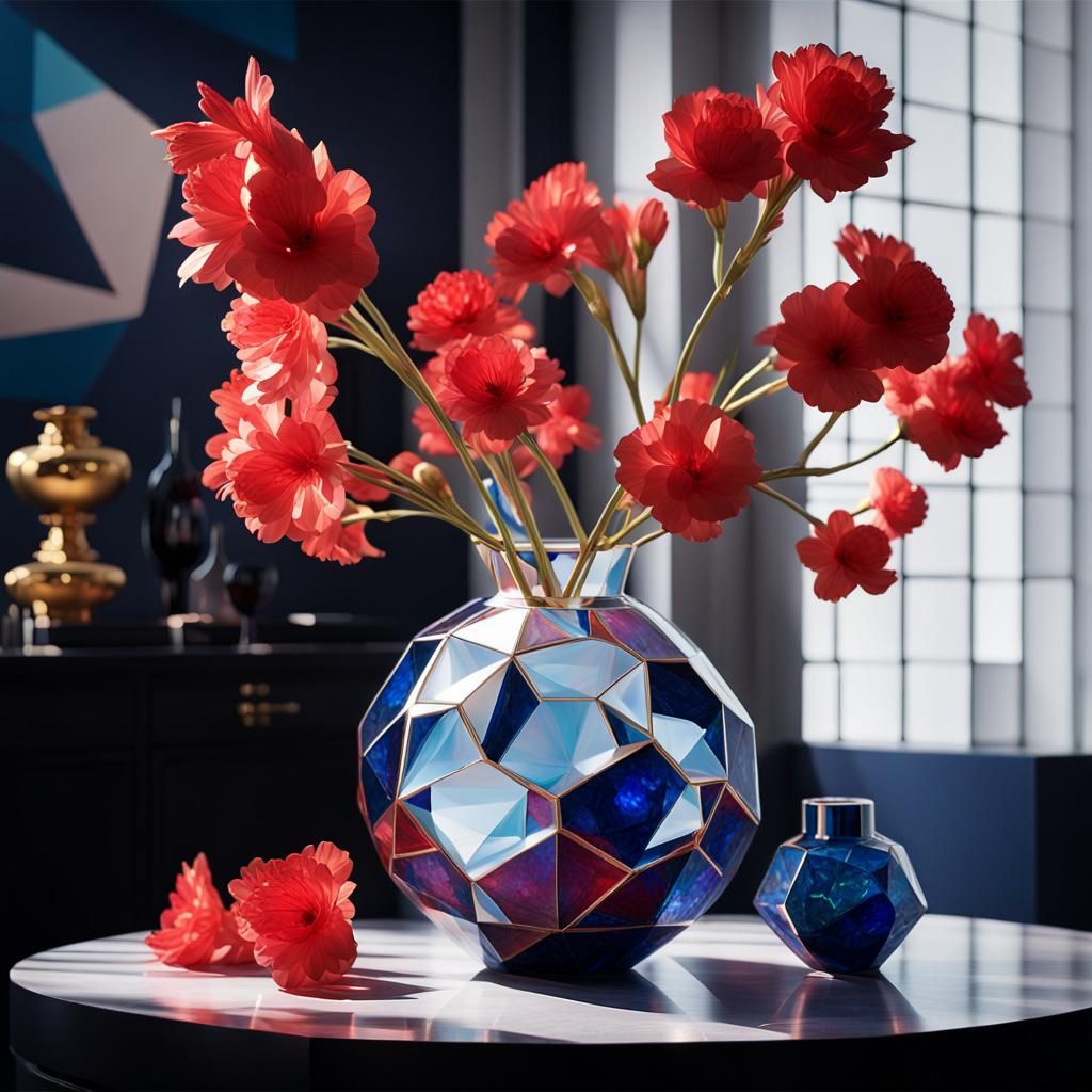 Sapphire Crystal Vase with Orchids in Bioluminescent Light