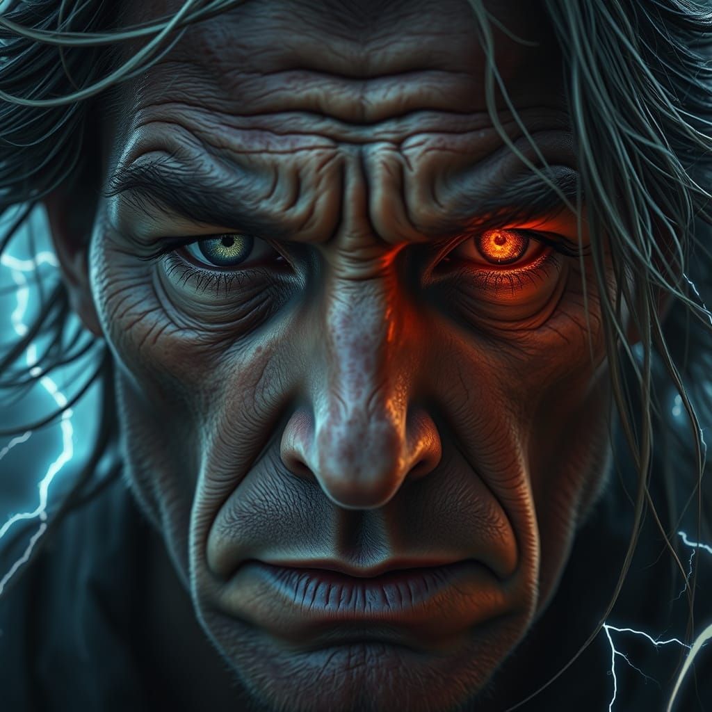 Mystic's Weathered Face Reflecting Stormy Inner Power