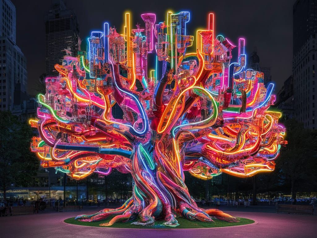 Neon Tree of Life Sculpture in City Park