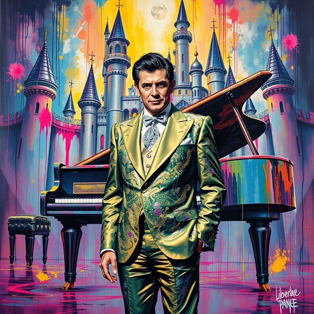 Liberace's Extravagant Piano Castle in Graffiti Art Style