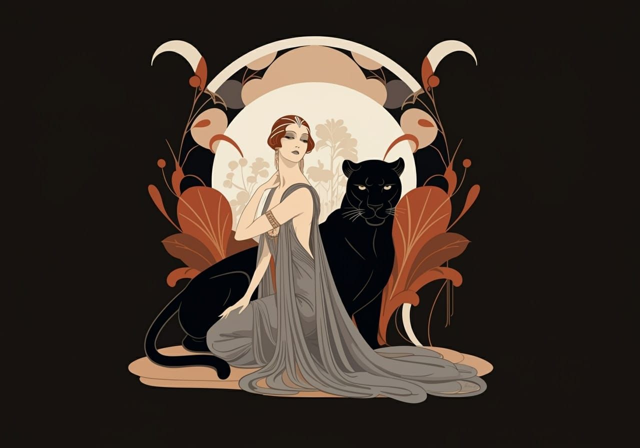 Art Deco Woman with Panther in Geometric Style